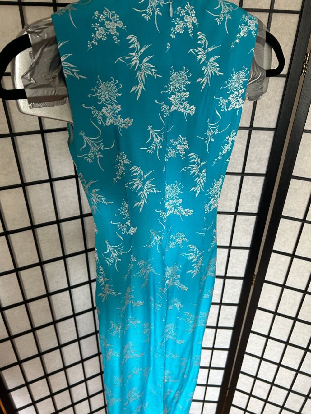Y2K Floral Cheongsam Dress (XS) blue vintage maxi white glam evening party chic - Picture 8 of 8